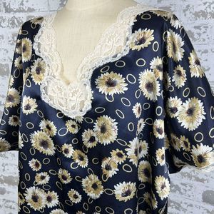 Vtg Barbizon Night Gown Sz XL Blue Gold Sunflowers Satin‎ Lace V Neck Teddy Cool
